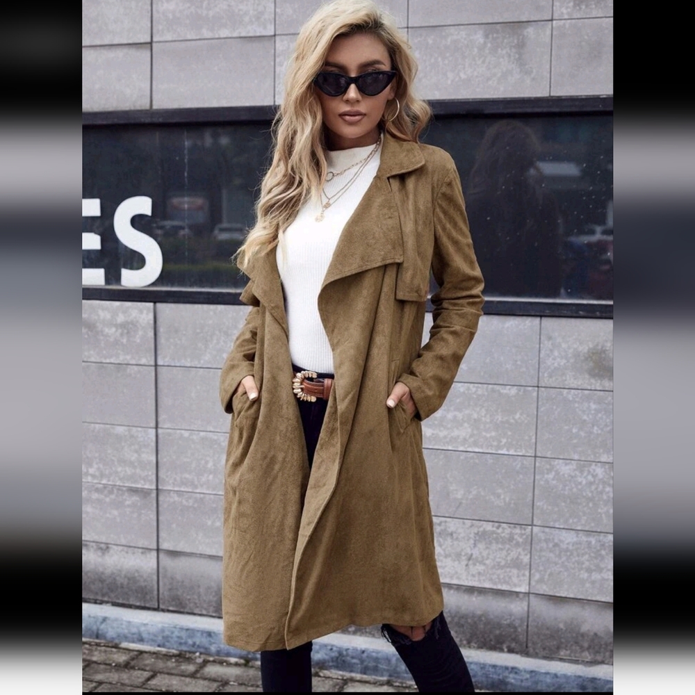 Slant Pocket Open Front Suede Coat